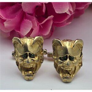 Manleigh Gold Plated Demon Mask Cufflinks 22mm Green Rhinestone Eyes Vintage